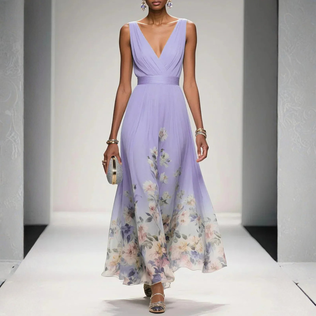 Women's Floral Long Evening Dress for Weddings in Purple