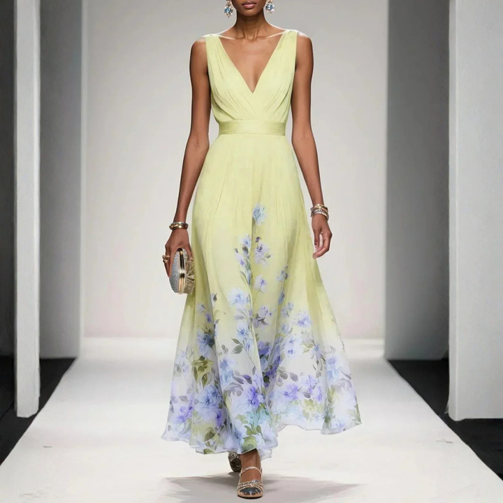 Women's Floral Long Evening Dress for Weddings in Yellow