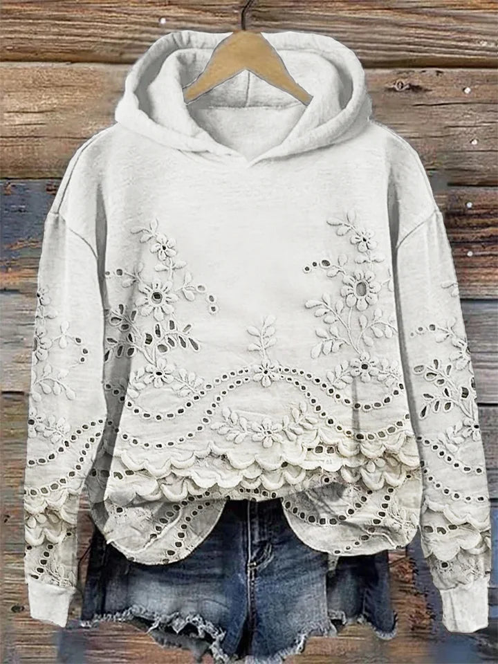 Women's Floral Long Sleeve Hoodie for Fall in White