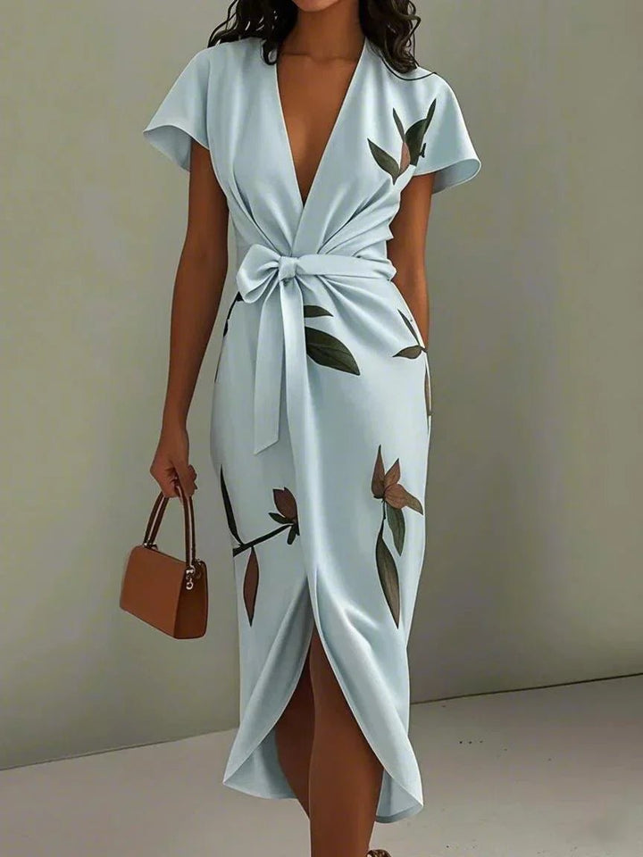 Women's Floral Midi Fall Wedding Guest Dress in Light Blue