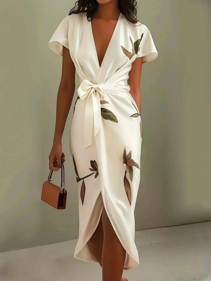 Women's Floral Midi Fall Wedding Guest Dress in White