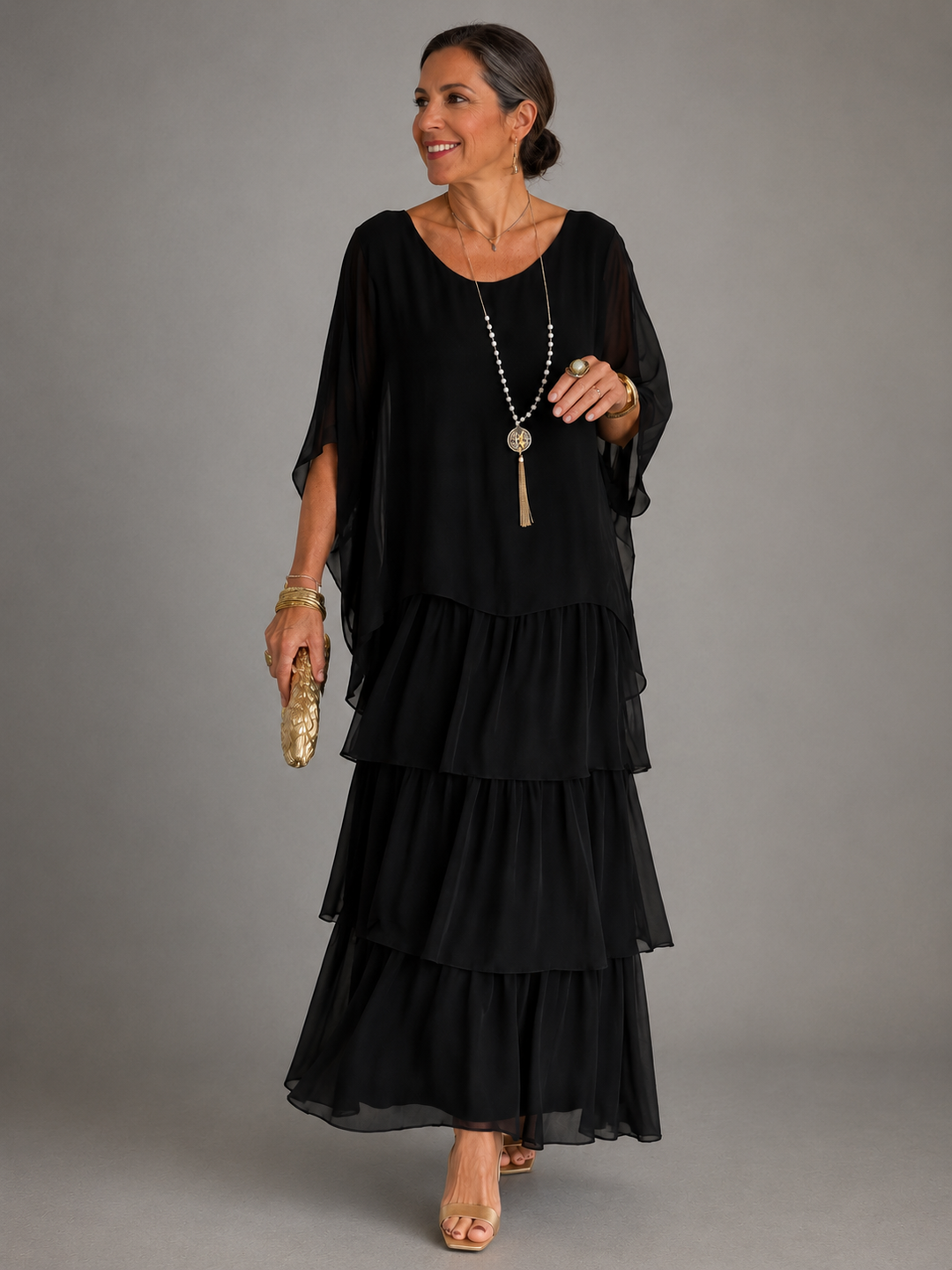 Women's Flowing Long Evening Dress for Fall Homecoming in Black