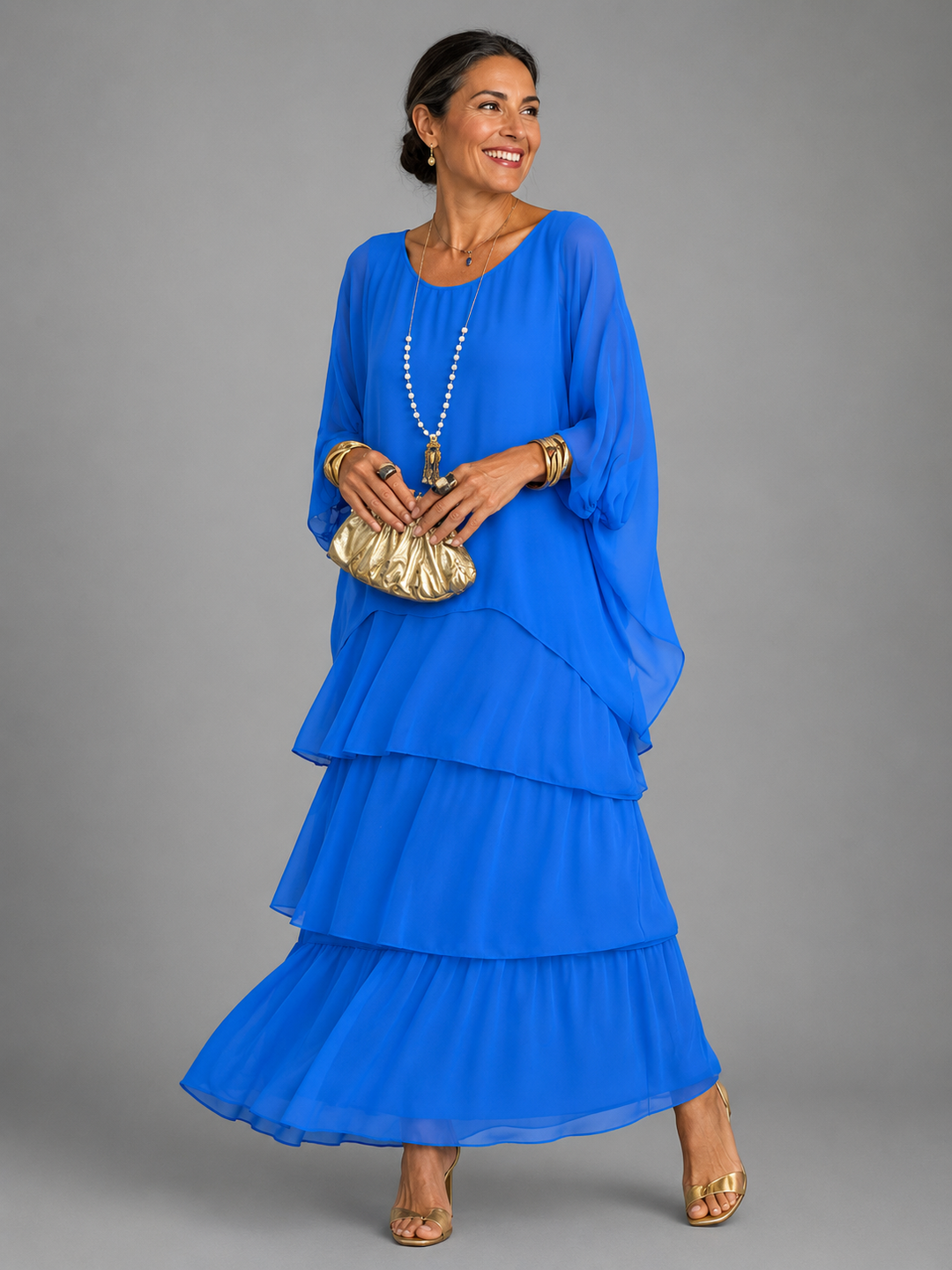 Women's Flowing Long Evening Dress for Fall Homecoming in Blue