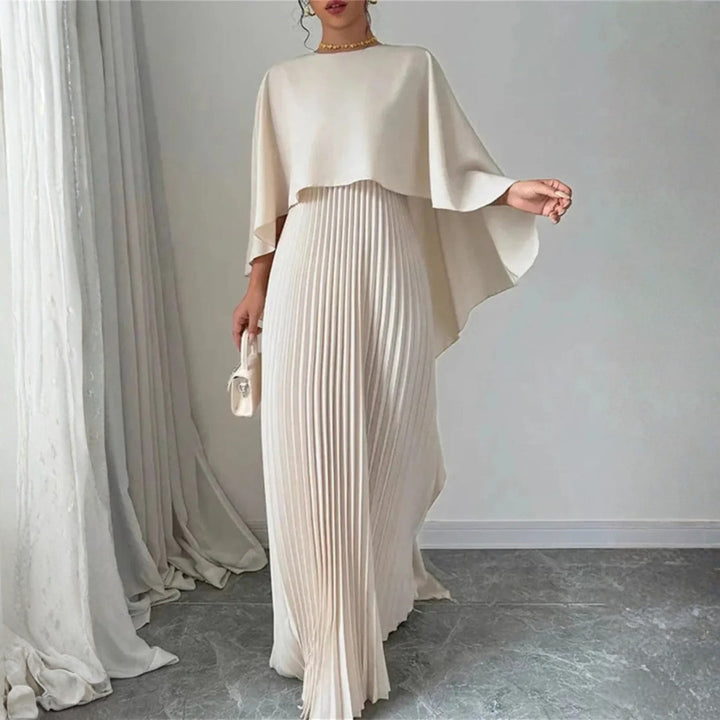 Women's Flowing Maxi Dress for Fall Wedding Guests in Beige