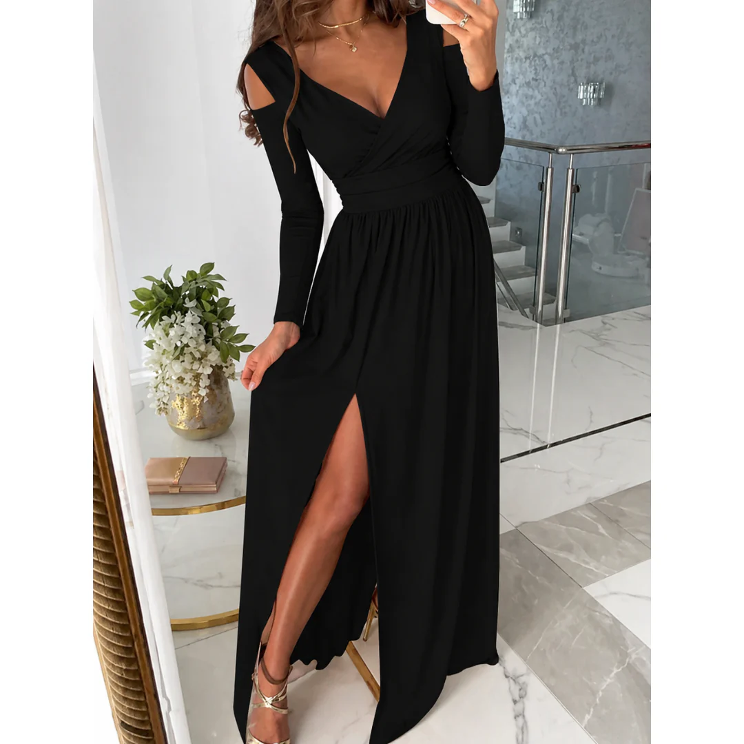 Women's Flowing Maxi Fall Wedding Guest Dress in Black