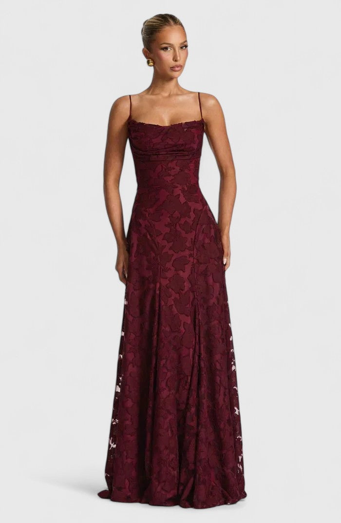 Women's Flowy Maxi Fall Wedding Guest Dress in Cherry