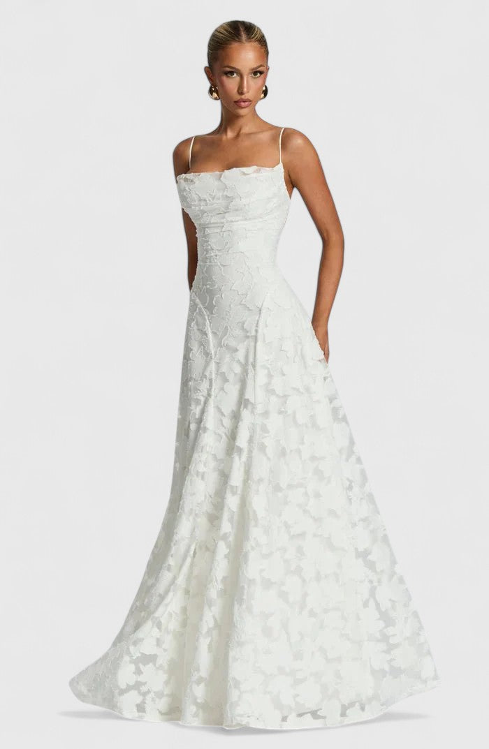 Women's Flowy Maxi Fall Wedding Guest Dress in Cream
