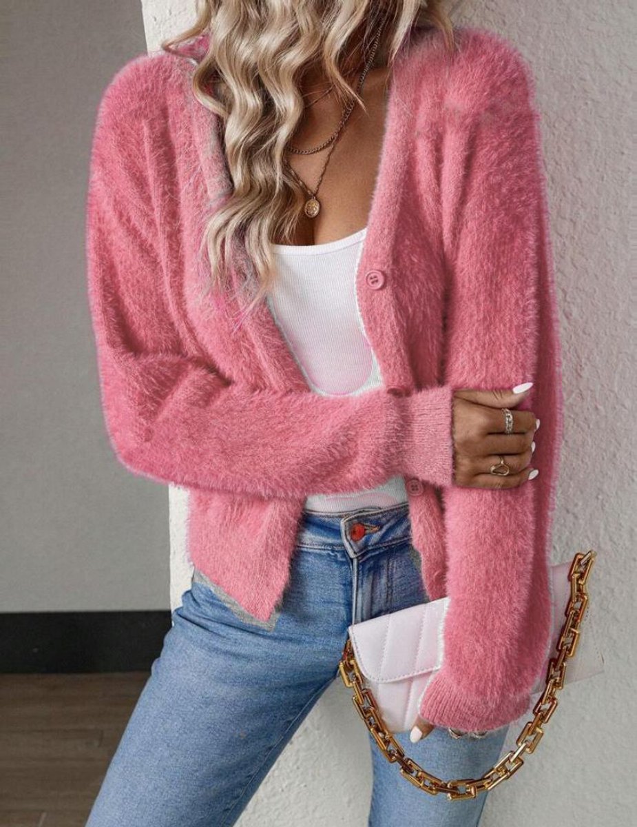 Women's Fluffy Knit Dress Cardigan in Pink