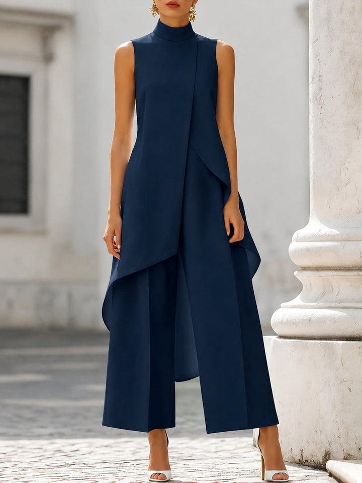 Women's Formal Tailored Wide-Leg Trouser Set in Navy Blue