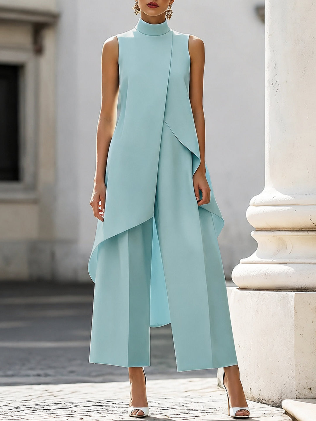 Women's Formal Tailored Wide-Leg Trouser Set in Sky Blue