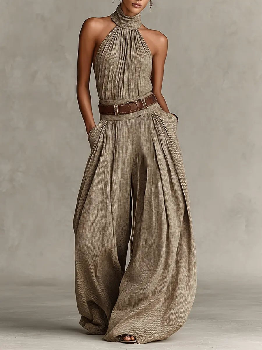 Women's Halter Dress Jumpsuit for Autumn Weddings in Brown
