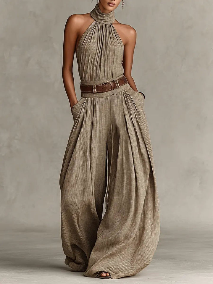 Women's Halter Dress Jumpsuit for Autumn Weddings in Brown