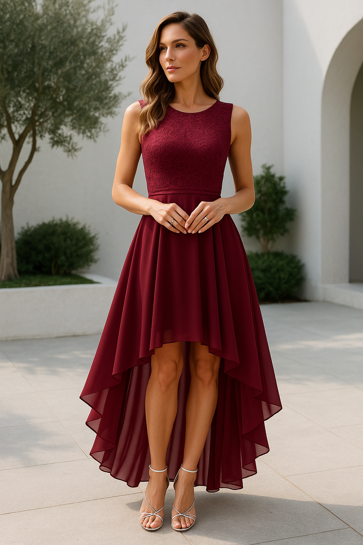 Women's High-Low Fall Wedding Guest Dress in Dark Red