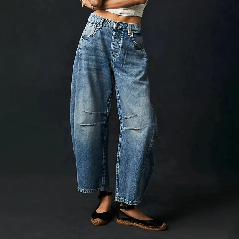 Women's High-Waist Wide Leg Denim Pants in Dark Blue