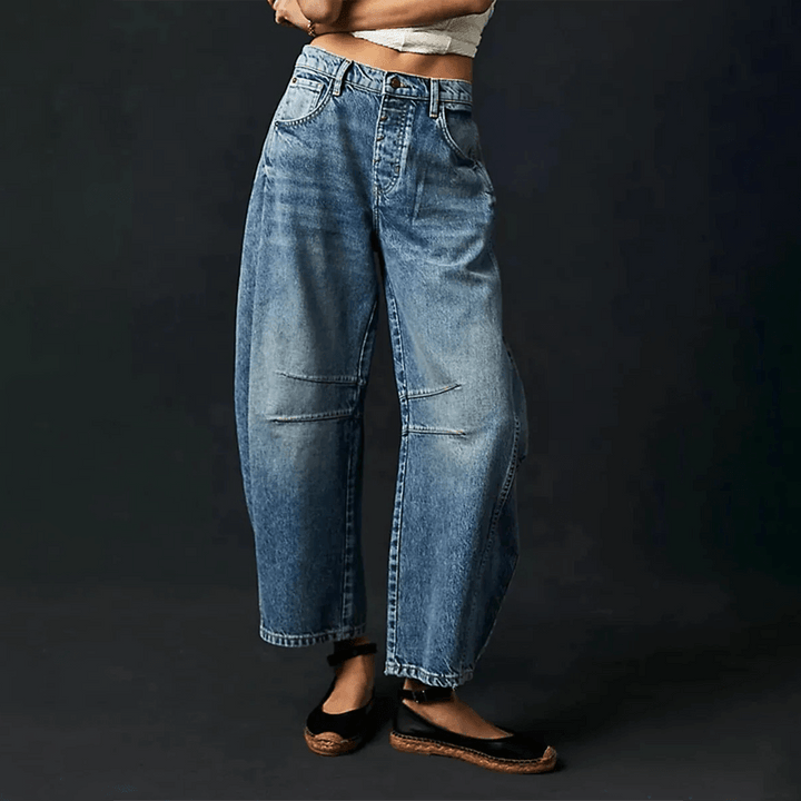 Women's High-Waist Wide Leg Denim Pants in Dark Blue