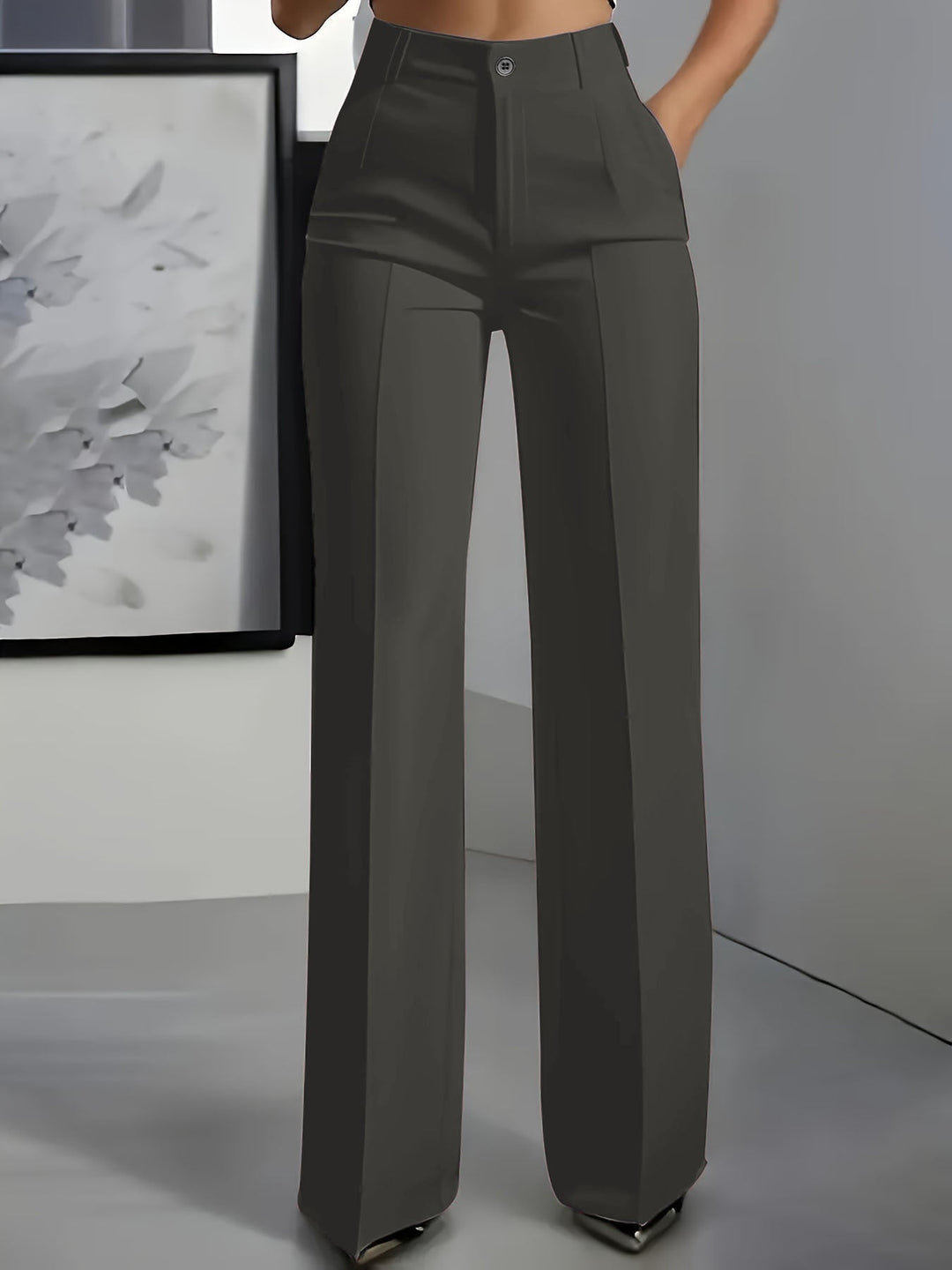 Women's High-Waisted Pants with Elastic Waistband in Dark Grey