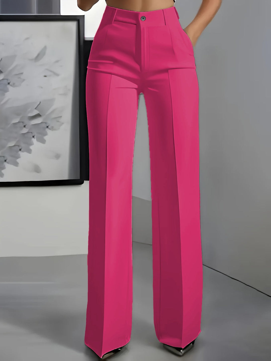 Women's High-Waisted Pants with Elastic Waistband in Pink