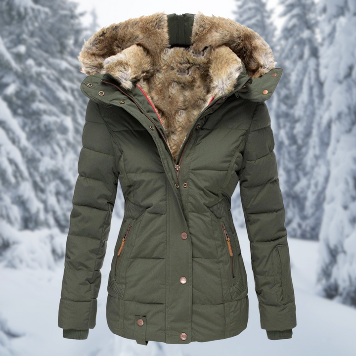 Women's Hooded Fur-Lined Fall Coat in Green