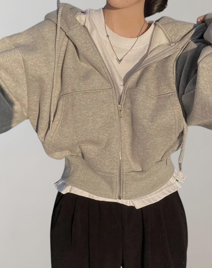 Women's Hoodie Long Sleeve Top for Fall in Light Grey