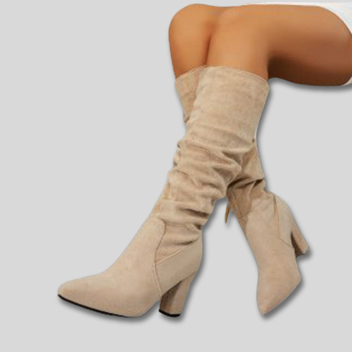 Women's Knee High Block Heel Suede Boots in Beige