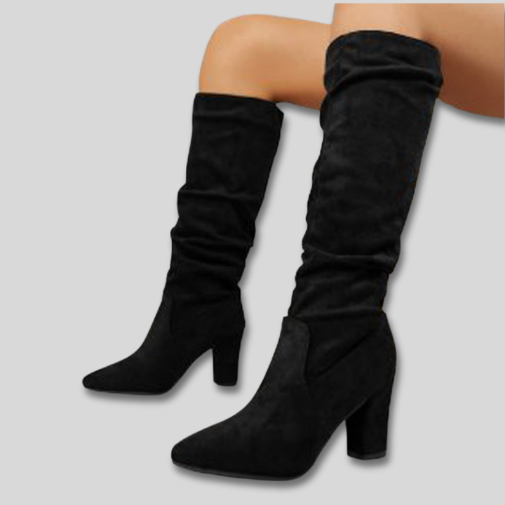 Women's Knee High Block Heel Suede Boots in Black