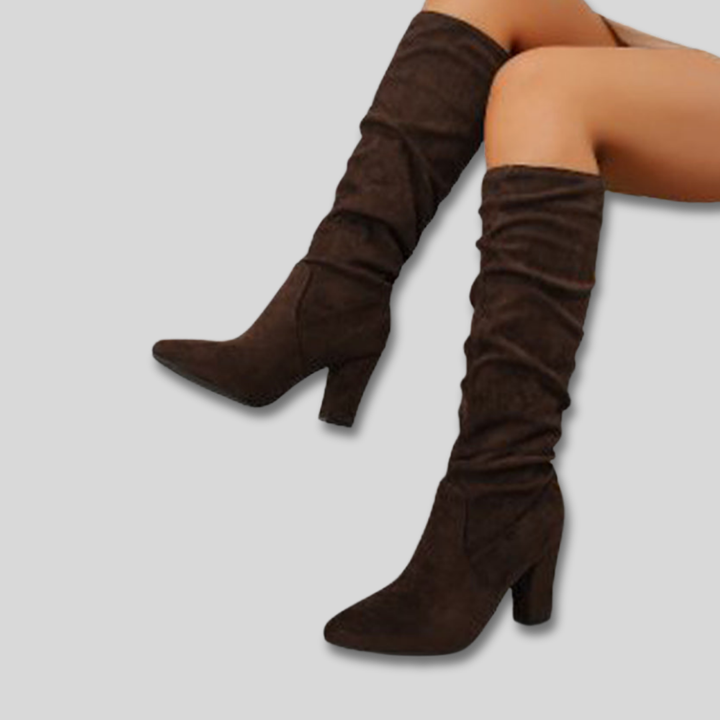 Women's Knee High Block Heel Suede Boots in Dark Brown