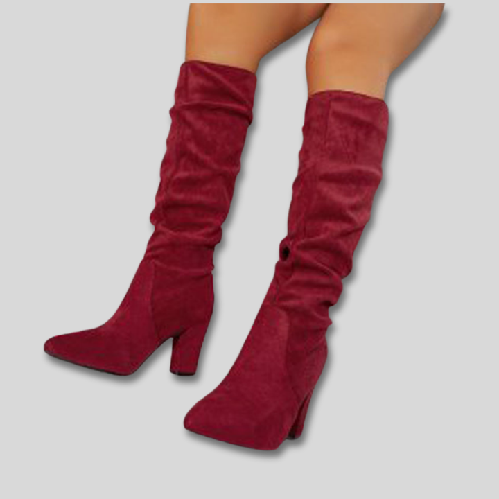 Women's Knee High Block Heel Suede Boots in Red
