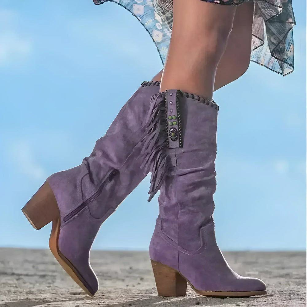 Women's Knee-High Suede Boots with Western Fringe in Purple