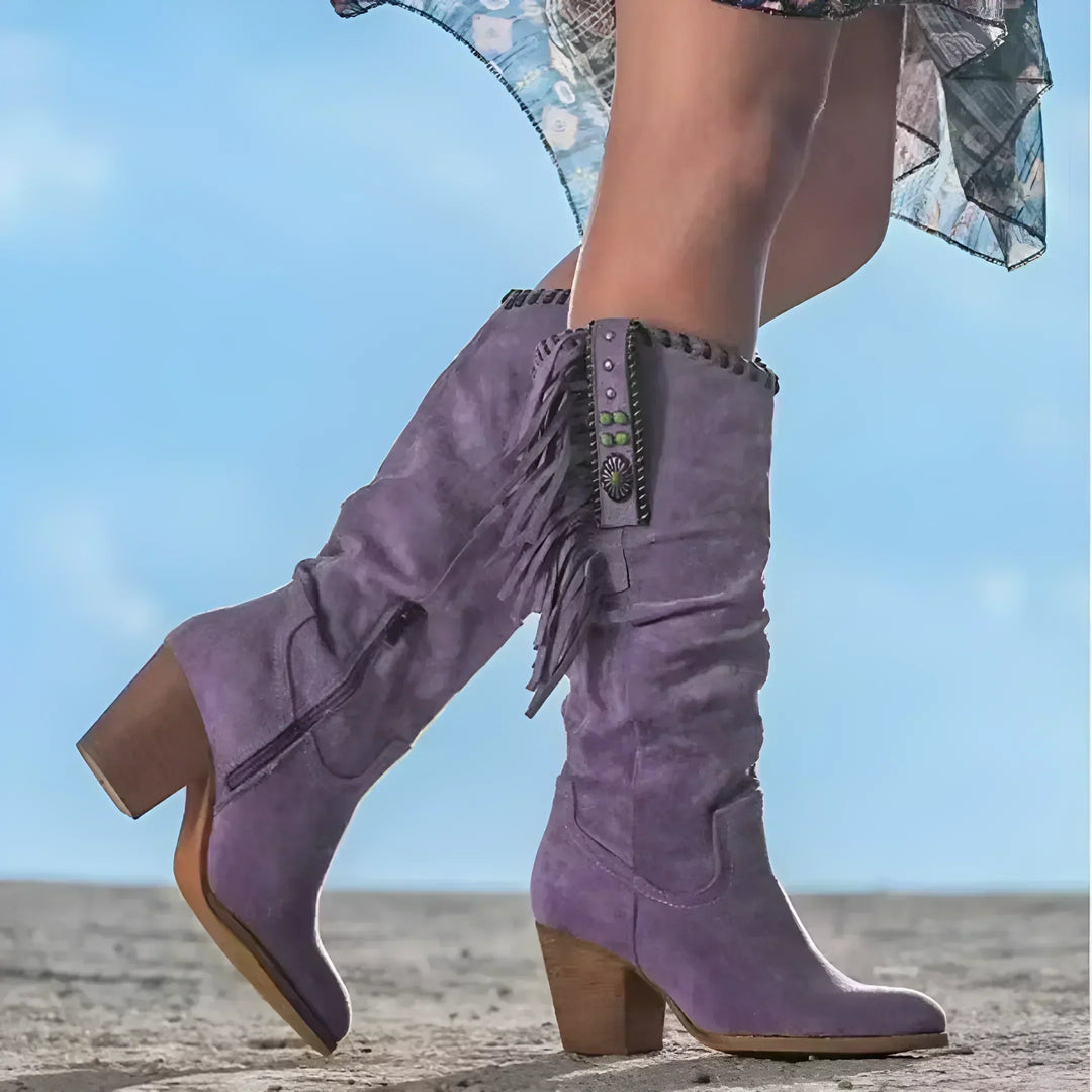 Women's Knee-High Suede Boots with Western Fringe in Purple
