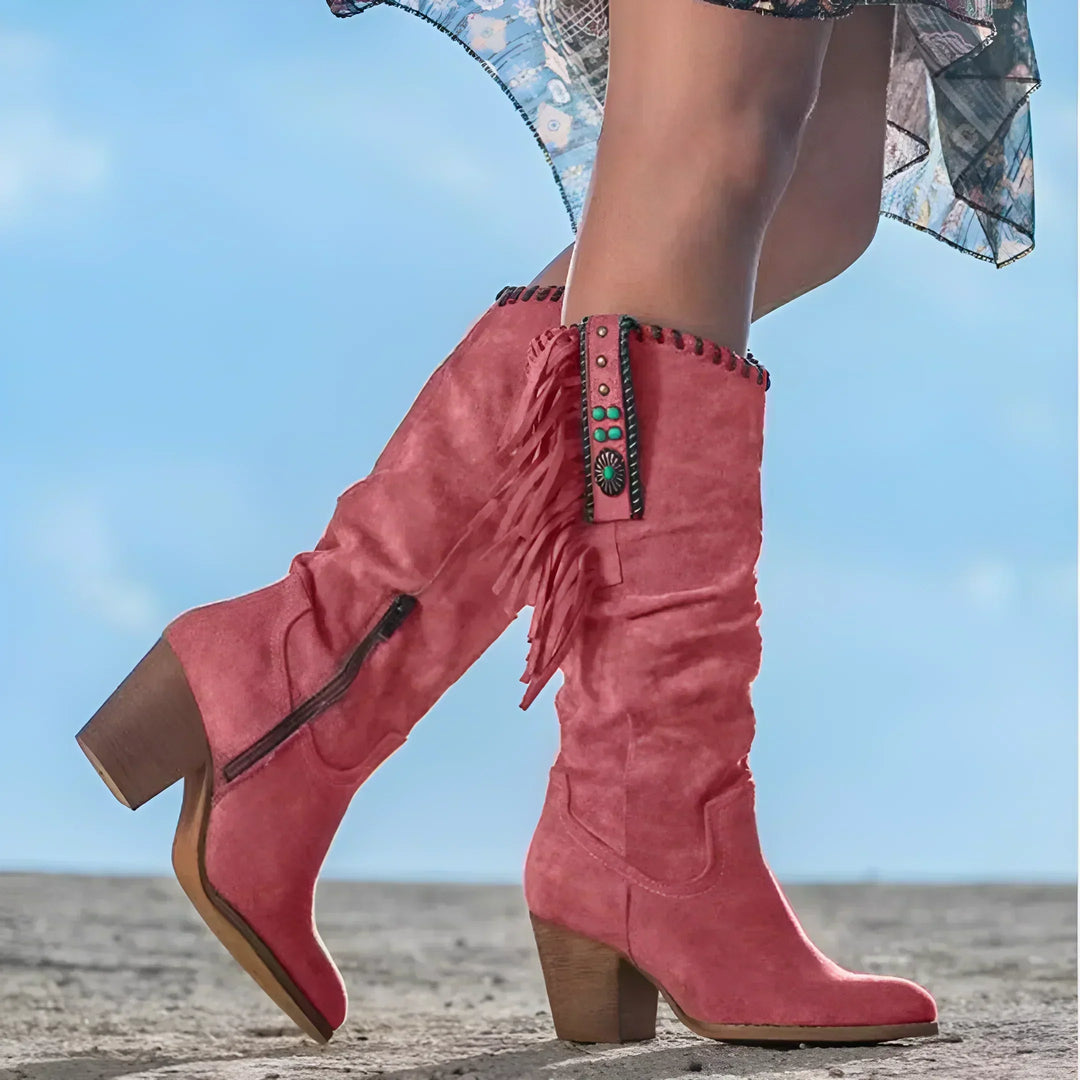 Women's Knee-High Suede Boots with Western Fringe in Red