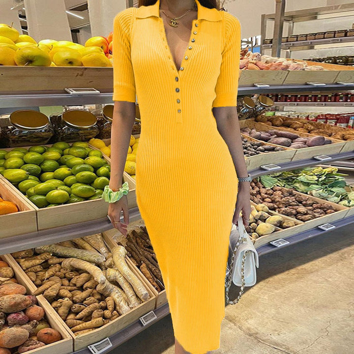 Women's Knee-Length Fitted Knitted Dress in Yellow