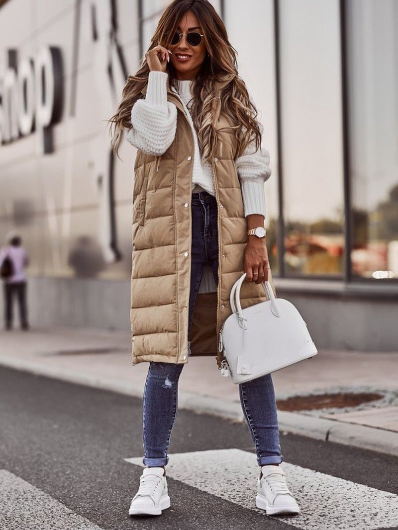 Women's Knee-Length Quilted Puffer Jacket in Beige 1