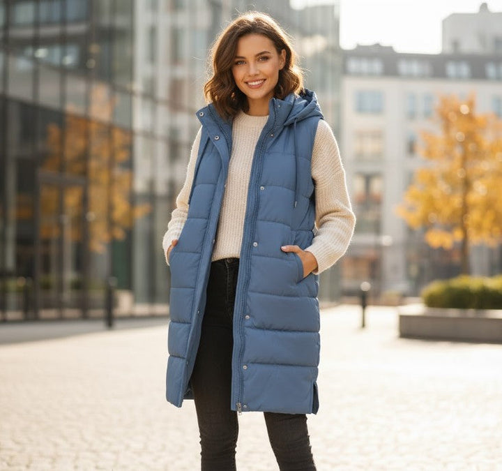 Women's Knee-Length Quilted Puffer Jacket in Blue