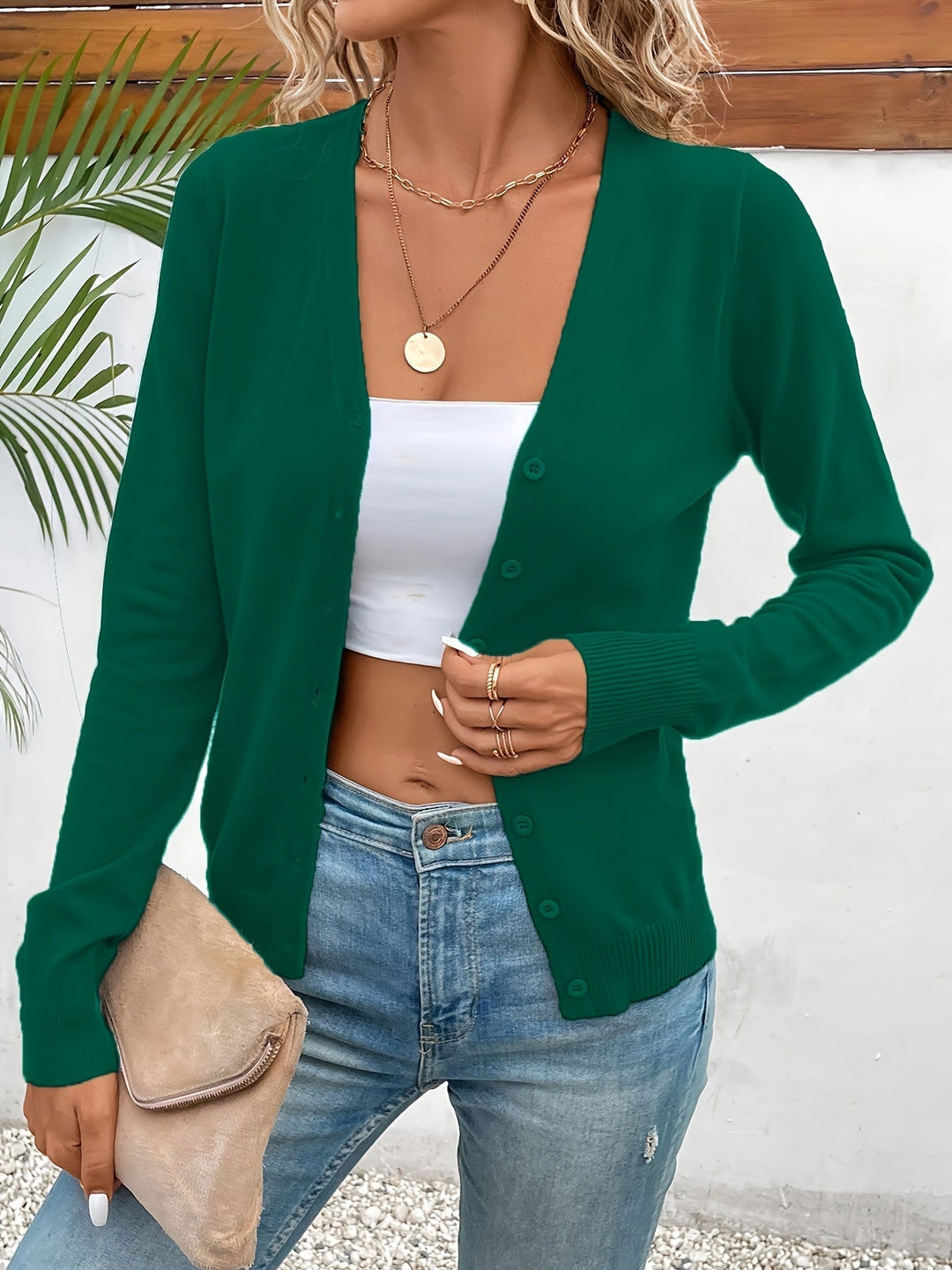 Women's Knit Cardigan for Autumn Layering in Green