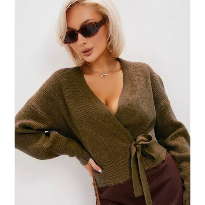 Women's Knit Cardigan with Wrap Belt in Brown