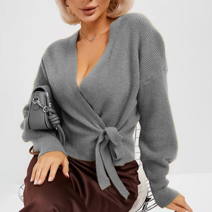 Women's Knit Cardigan with Wrap Belt in Grey