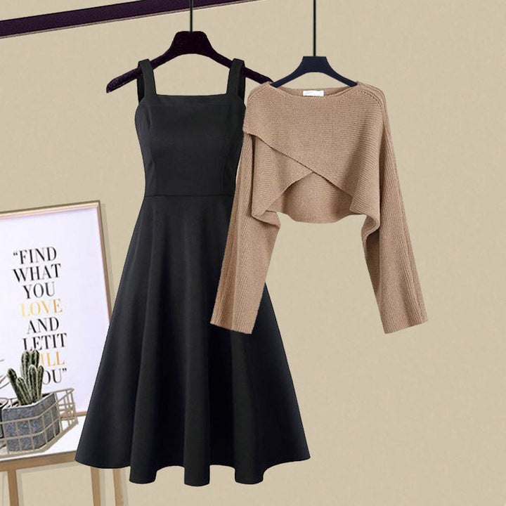 Women's Knit Dress and Sweater Set in Brown 1