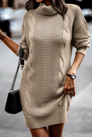 Women's Knit Dress with Cable Details for Fall in Khaki
