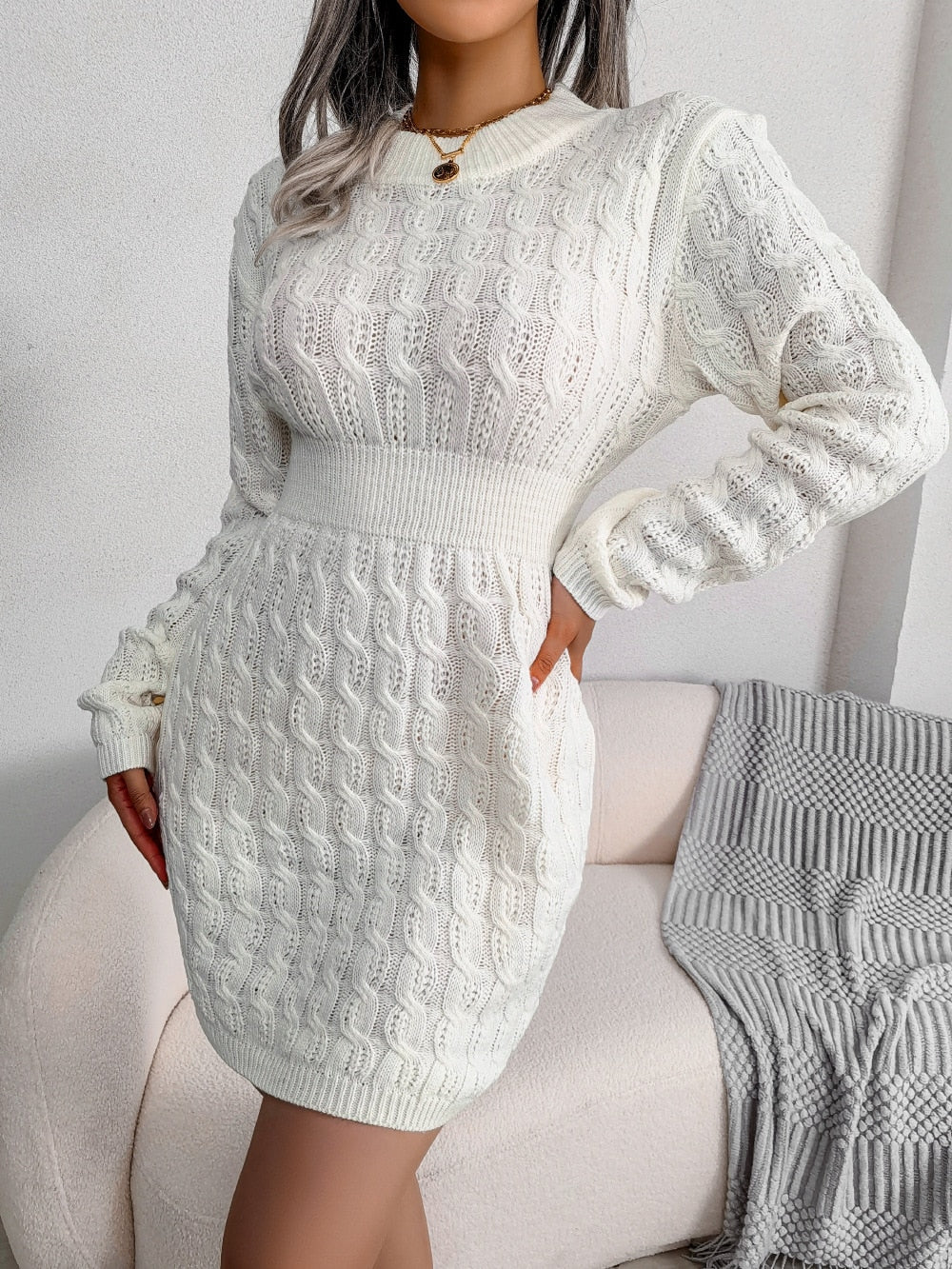 Women's Knitted Dress for Fall Wedding Guests in White