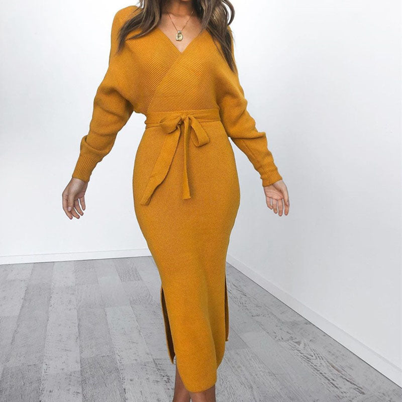 Women's Knitted Dress for Fall Weddings in Yellow