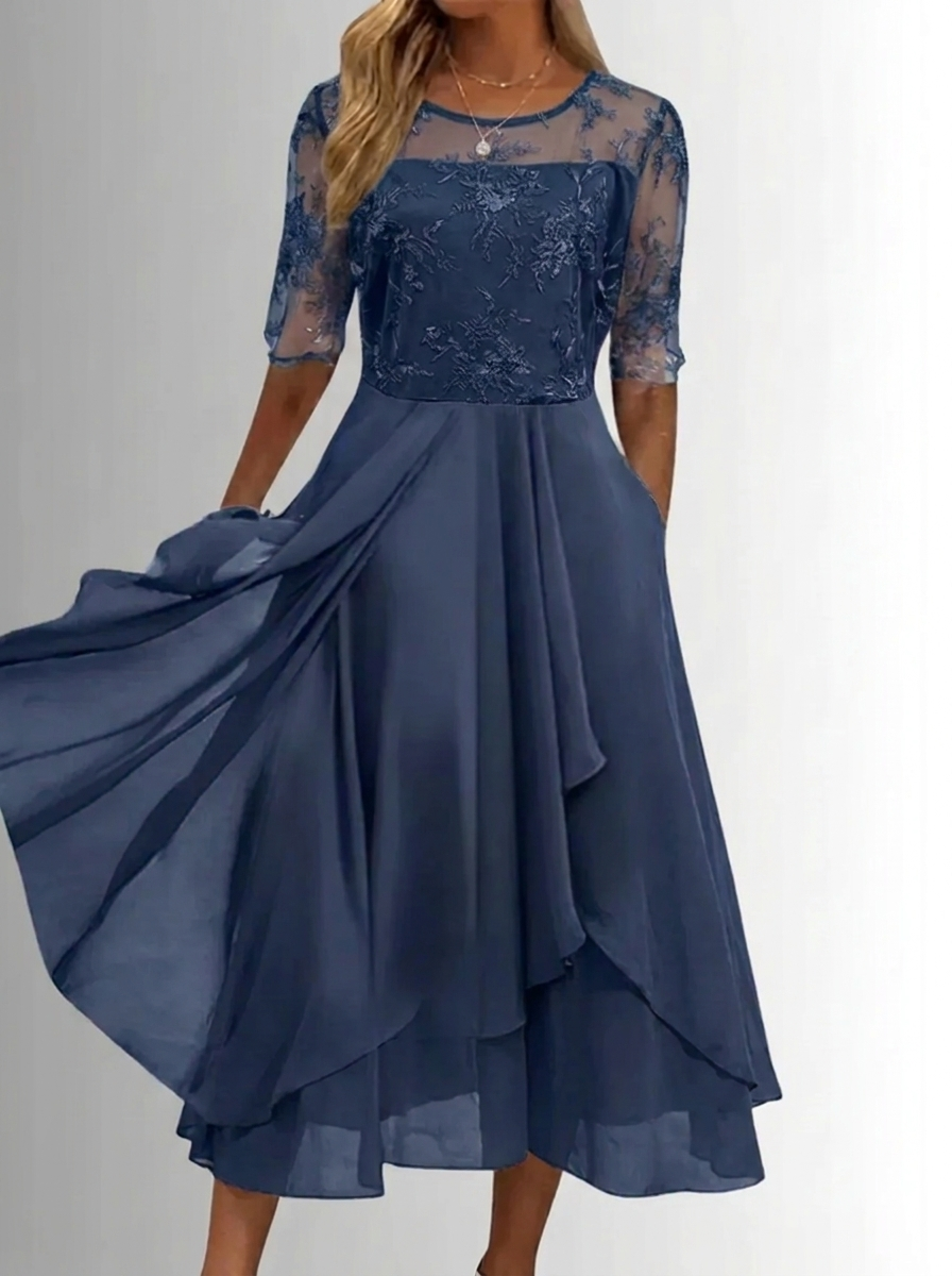 Women's Lace Midi Dress for Fall Weddings in Blue