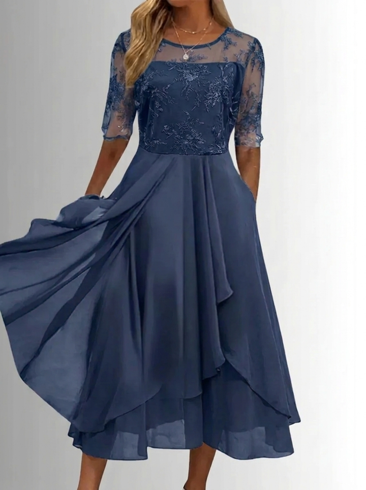 Women's Lace Midi Dress for Fall Weddings in Blue