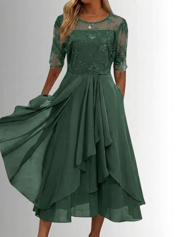 Women's Lace Midi Dress for Fall Weddings in Green
