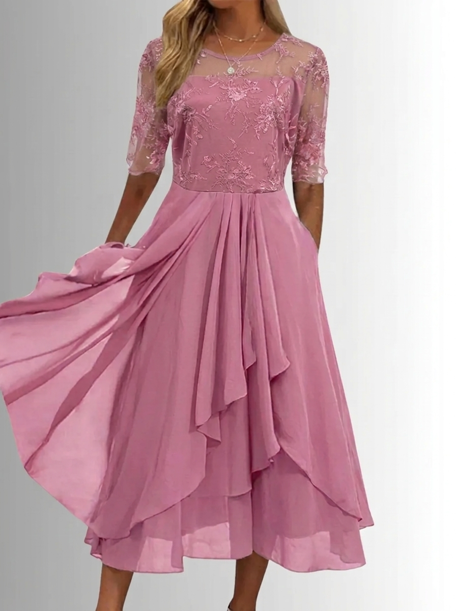 Women's Lace Midi Dress for Fall Weddings in Pink