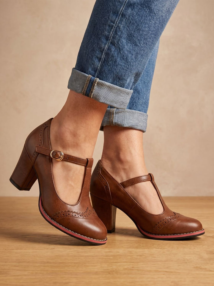 Women's Leather Block-Heel Brogue Pumps (3)