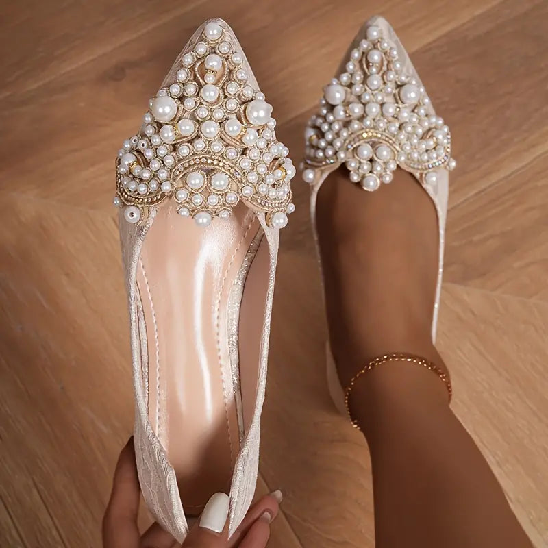 Women's Leather Bridal Flats with Pearl Embellishments in Beige