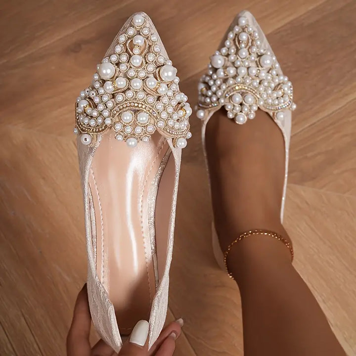 Women's Leather Bridal Flats with Pearl Embellishments in Beige