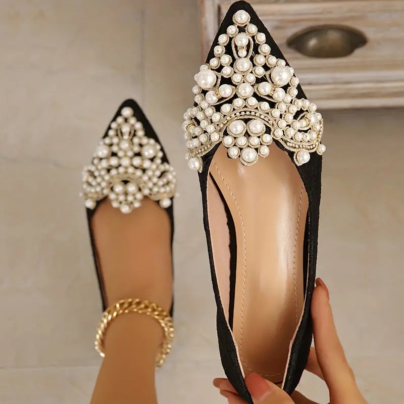Women's Leather Bridal Flats with Pearl Embellishments in Black
