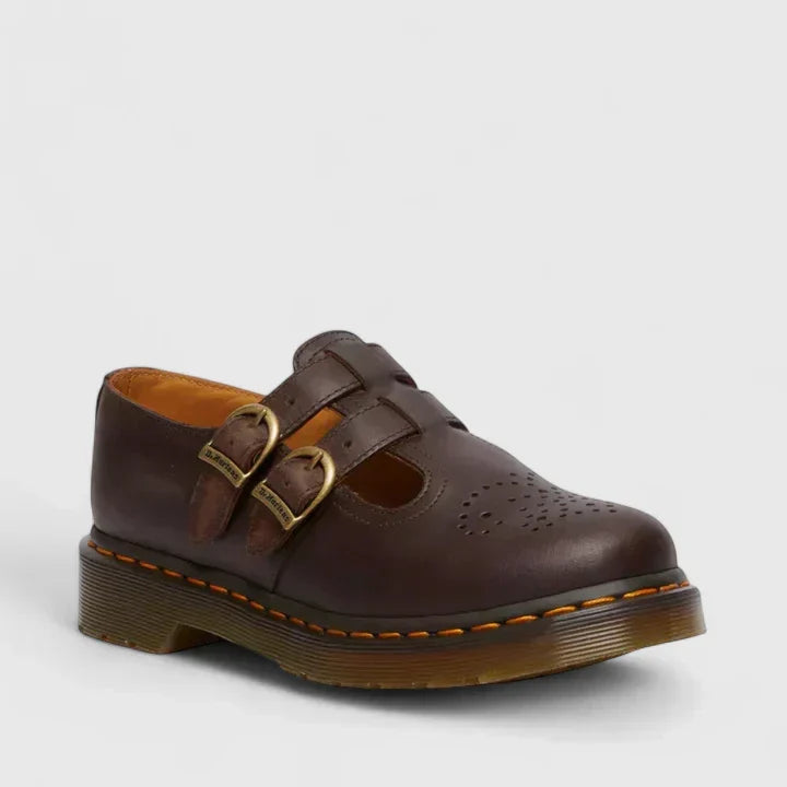 Women's Leather Flats Adjustable Double Strap in Brown