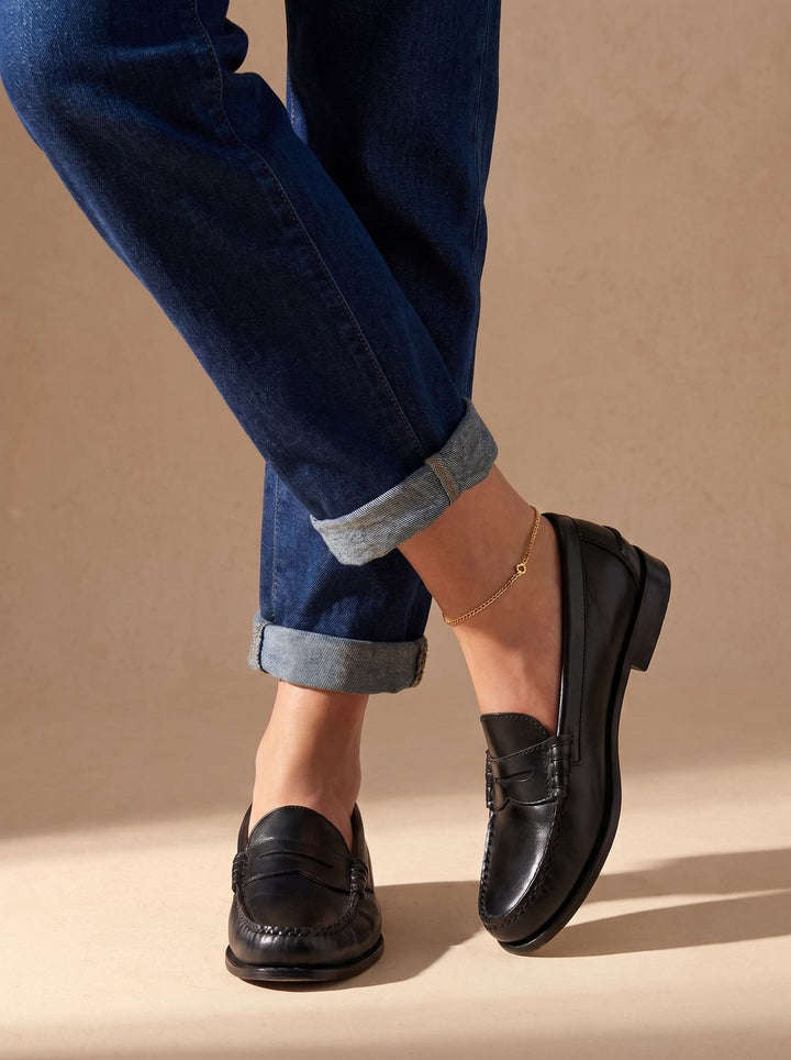 Women's Leather Flats, Elegant Penny Slip-On in Black